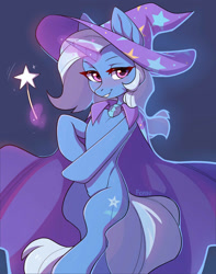 Size: 1578x2000 | Tagged: safe, artist:fensu-san, edit, editor:ziemniax, trixie, pony, unicorn, bedroom eyes, blushing, cape, cloak, clothes, explicit source, female, glowing horn, hat, horn, looking at you, magic, magic wand, mare, sfw edit, simple background, solo, trixie's cape, trixie's hat
