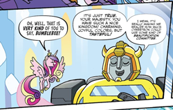 Size: 1494x951 | Tagged: safe, artist:tony fleecs, edit, idw, princess cadance, alicorn, pony, robot, g4, spoiler:comic, spoiler:friendship in disguise, spoiler:friendship in disguise04, autobot, bumblebee (transformers), cropped, crossover, eyes closed, female, male, transformers