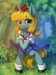 Size: 2048x2732 | Tagged: safe, artist:tinybenz, oc, oc only, oc:leek, alicorn, pony, alicorn oc, blushing, clothes, dress, female, flower, flower in hair, high res, horn, looking at you, school uniform, schoolgirl, shoes, short sleeves, skirt, socks, solo, uniform, wings, wreath