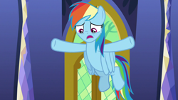 Size: 1920x1080 | Tagged: safe, screencap, rainbow dash, pegasus, pony, g4, the last problem, crying, female, flying, hooves in air, open mouth, raised hooves, sad, sadbow dash, solo, twilight's castle