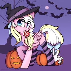 Size: 1280x1280 | Tagged: safe, artist:lazycloud, oc, oc only, oc:bay breeze, pegasus, pony, bow, candy, clothes, female, food, halloween, hat, holiday, jack-o-lantern, lollipop, mare, pumpkin, socks, solo, striped socks, witch hat