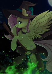 Size: 2894x4093 | Tagged: safe, artist:cottonaime, fluttershy, pegasus, pony, g4, boop, broom, cute, female, hat, looking at you, mare, self-boop, shyabetes, smiling, solo, spread wings, wings, witch hat