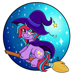 Size: 2000x2000 | Tagged: safe, artist:dawn-designs-art, oc, oc only, oc:cosmic spark, pony, unicorn, broom, clothes, costume, female, flying, flying broomstick, halloween, halloween costume, hat, high res, holiday, mare, nightmare night, pink eyes, purple coat, simple background, solo, transparent background, witch, witch costume, witch hat