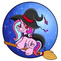 Size: 2000x2000 | Tagged: safe, artist:dawn-designs-art, oc, oc only, oc:crystal note, pony, unicorn, broom, clothes, costume, flying, flying broomstick, halloween, halloween costume, hat, high res, holiday, nightmare night, simple background, solo, transparent background, witch, witch costume, witch hat