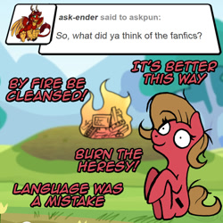 Size: 900x900 | Tagged: safe, artist:ariah101, oc, oc only, oc:pun, earth pony, pony, ask pun, ask, computer, contemplating insanity, female, fire, mare, solo