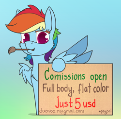 Size: 900x881 | Tagged: safe, artist:dacaoo, rainbow dash, pony, advertisement, brush, chest fluff, commission info, gradient background, solo