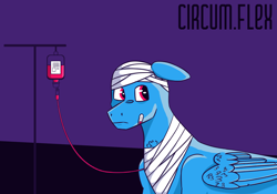 Size: 1800x1260 | Tagged: safe, artist:circumflexs, oc, oc only, pegasus, pony, bald, bandage, bandaid, bands, floppy ears, folded wings, iv drip, male, offscreen character, one ear down, simple background, solo, stallion, weak, wings