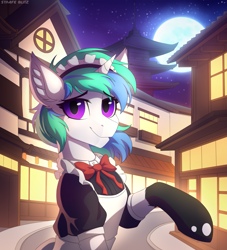 Size: 2103x2320 | Tagged: safe, artist:strafe blitz, oc, oc only, oc:annie berryheart, pony, unicorn, clothes, ear fluff, looking at you, maid, moon, night, pagoda, raised hoof, smiling, smiling at you, solo, town
