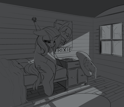 Size: 2087x1802 | Tagged: safe, artist:shouldbedrawing, edit, trixie, pony, unicorn, clothes, depressing, female, floppy ears, grayscale, hat, looking down, mare, monochrome, sad, solo, trixie's hat, trixie's wagon