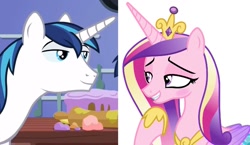 Size: 1325x768 | Tagged: safe, edit, edited screencap, screencap, princess cadance, shining armor, alicorn, pony, unicorn, g4, bedroom eyes, female, flirting, horn, husband and wife, looking at each other, male, mare, married couple, ship:shiningcadance, shipping, stallion, straight, wings