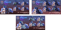 Size: 2495x1242 | Tagged: safe, artist:dormin-dim, princess luna, oc, alicorn, earth pony, pegasus, pony, unicorn, luna-afterdark, lunadoodle, g4, commission, cute, kissing, lunabetes, ych example, ych sketch, your character here