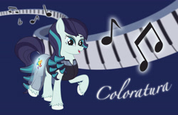 Size: 5100x3300 | Tagged: safe, artist:miipack603, coloratura, earth pony, pony, g4, abstract background, adobe illustrator, blurry background, clothes, curly mane, curly tail, female, fetlock tuft, glowing cutie mark, hooves, mare, music notes, musical instrument, name, new style, no shading, piano, pop star, raised leg, rara, see-through, skirt, solo, standing, updated design, vest