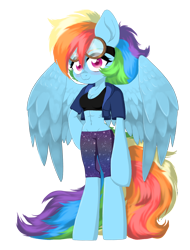 Size: 1300x1715 | Tagged: safe, artist:unoriginai, rainbow dash, pegasus, anthro, g4, abs, arm hooves, belly button, breasts, chest fluff, cleavage, clothes, female, goggles, leggings, shorts, simple background, solo, sports bra, tight clothing, transparent background