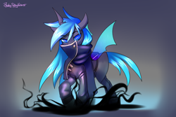 Size: 3000x2000 | Tagged: safe, artist:jedayskayvoker, oc, oc only, oc:kryostasis, changeling, blue changeling, changeling oc, clothes, high res, holeless, looking at you, male, patreon, patreon reward, raised hoof, solo