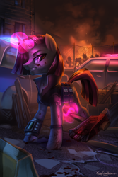 Size: 2000x3000 | Tagged: safe, artist:jedayskayvoker, oc, oc only, oc:dry land, pony, unicorn, axe, blood, city, clothes, crossover, female, fire, glowing horn, high res, horn, levitation, magic, mare, outdoors, pipbuck, resident evil, resident evil 3, solo, telekinesis, vehicle, video game crossover, weapon