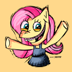 Size: 3600x3600 | Tagged: safe, artist:poxy_boxy, fluttershy, pegasus, pony, .mov, shed.mov, g4, braces, clothes, dress, fluttershed, high res, simple background, solo, yellow background