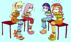 Size: 2118x1257 | Tagged: safe, artist:bugssonicx, applejack, fluttershy, sunset shimmer, twilight sparkle, alicorn, human, equestria girls, g4, angry, applejack is not amused, applesub, arm behind back, bench, bloom (winx club), blouse, bondage, bound and gagged, breast bondage, breasts, cloth gag, clothes, cosplay, costume, damsel in distress, feet, female, femsub, flora (winx club), fluttersub, gag, help us, looking at someone, looking at you, over the nose gag, pants, sandals, scared, skirt, stella (winx club), submissive, subset, sweat, sweatdrop, teary eyes, tied up, twilight sparkle (alicorn), twisub, unamused, uncomfortable, winx, winx club, worried