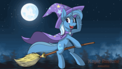 Size: 1920x1080 | Tagged: safe, artist:kaylerustone, trixie, pony, unicorn, g4, animated, broom, cape, clothes, cute, diatrixes, female, flying, flying broomstick, forest, frog (hoof), gif, hat, horn, looking at you, mare, moon, night, open mouth, parallax scrolling, smiling at you, stars, tree, trixie's cape, trixie's hat, underhoof