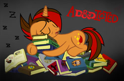 Size: 1022x674 | Tagged: safe, artist:emilz-the-half-demon, oc, oc only, oc:pyre quill, pony, unicorn, book, dungeons and dragons, eyes closed, female, mare, onomatopoeia, pen and paper rpg, pile of books, rpg, sleeping, solo, sound effects, tired, zzz