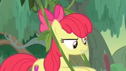 Size: 1280x720 | Tagged: safe, screencap, apple bloom, earth pony, pony, g4, growing up is hard to do, season 9, apple bloom is not amused, bow, female, older, older apple bloom, solo, stuck, unamused, vine