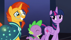 Size: 1920x1080 | Tagged: safe, screencap, spike, sunburst, twilight sparkle, alicorn, dragon, pony, unicorn, g4, the parent map, female, glowing cutie mark, male, mare, stallion, twilight sparkle (alicorn), walking