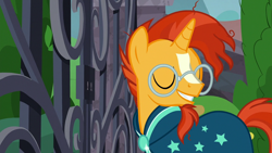 Size: 1920x1080 | Tagged: safe, screencap, sunburst, pony, unicorn, g4, the parent map, eyes closed, gate, male, stallion