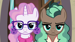 Size: 1920x1080 | Tagged: safe, screencap, minty mocha, raspberry latte, earth pony, pony, unicorn, g4, the parent map, bookshelf, bookstore, clothes, duo, ear piercing, earring, female, glare, glasses, jewelry, looking at you, mare, piercing, reaction image, scarf, sire's hollow, unamused
