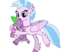 Size: 1125x911 | Tagged: safe, silverstream, spike, dragon, hippogriff, g4, female, hug, looking at you, male, ship:spikestream, shipping, simple background, straight, vector, white background, winged spike, wings