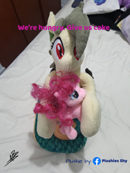 Size: 3024x4032 | Tagged: safe, artist:shappy the lamia, edit, pinkie pie, oc, oc:shappy, earth pony, hybrid, lamia, original species, pony, semi-anthro, g4, arm hooves, bed, bedroom, caption, carrying, chibi, coiling, coils, cute, facebook, female, front view, hug, hungry, image macro, irl, love, mother and child, mother and daughter, perspective, photo, pillow, please, pleased, plushie, plushies shy, realistic, scales, slit pupils, snake eyes, snake tail, solo, tender, text