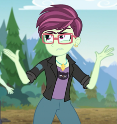 Size: 683x728 | Tagged: safe, screencap, katie catley, equestria girls, g4, my little pony equestria girls: better together, road trippin, background human, ear piercing, earring, female, glasses, jewelry, katrina hadley, piercing