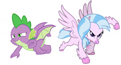 Size: 1691x911 | Tagged: safe, artist:memnoch, artist:walrusinc, edit, silverstream, spike, dragon, hippogriff, g4, determined, male, simple background, superhero landing, vector, white background, winged spike, wings