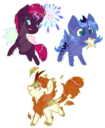 Size: 1024x1244 | Tagged: safe, artist:fuyusfox, autumn blaze, princess luna, tempest shadow, alicorn, kirin, pony, unicorn, awwtumn blaze, broken horn, chibi, colored pupils, cracked horn, cute, ear fluff, electricity magic, female, filly, filly luna, filly tempest shadow, fireworks, horn, leaf, lunabetes, mare, mouth hold, open mouth, profile, simple background, stars, tempestbetes, transparent background, trio, watermark, woona, younger