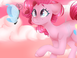 Size: 1600x1200 | Tagged: safe, artist:peachiebug, artist:peachieswrld, pinkie pie, butterfly, earth pony, pony, g4, balloon, cloud, colored hooves, cute, diapinkes, female, floating, floppy ears, looking at something, mare, sky, smiling, solo, then watch her balloons lift her up to the sky