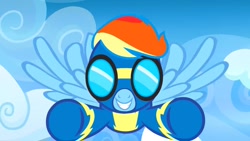 Size: 1280x720 | Tagged: safe, screencap, rainbow dash, pegasus, pony, g4, parental glideance, clothes, female, flying, goggles, solo, uniform, wonderbolts, wonderbolts uniform