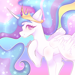 Size: 1000x1000 | Tagged: safe, artist:peachiebug, artist:peachieswrld, princess celestia, alicorn, pony, g4, abstract background, colored pupils, crown, cute, cutelestia, ethereal mane, female, hoof on chest, horn, jewelry, looking at you, mare, profile, raised hoof, regalia, smiling, smiling at you, solo, spread wings, starry mane, stars, tiara, wings