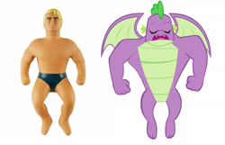 Size: 1408x906 | Tagged: safe, spike, dragon, human, g4, buff, comparison, gigachad spike, male, muscles, older, older spike, simple background, stretch, stretch armstrong, toy, vector, white background, winged spike, wings