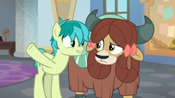 Size: 1366x768 | Tagged: safe, screencap, sandbar, yona, earth pony, pony, yak, g4, my little pony: friendship is magic, she's all yak, confused, female, male, stallion