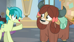 Size: 1366x768 | Tagged: safe, screencap, sandbar, yona, earth pony, pony, yak, g4, my little pony: friendship is magic, she's all yak, bow, cloven hooves, cute, female, hair bow, happy, male, monkey swings, raised hoof, sandabetes, smiling, teenager