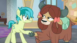 Size: 1366x768 | Tagged: safe, screencap, sandbar, yona, earth pony, pony, yak, g4, she's all yak, bow, cloven hooves, duo, female, hair bow, holding hooves, male, monkey swings, teenager