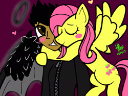 Size: 2048x1536 | Tagged: safe, artist:artmama113, fluttershy, oc, human, pegasus, g4, blush sticker, blushing, canon x oc, clothes, dark skin, female, halo, hug, male, mare, purple background, signature, simple background, straight