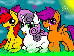 Size: 2048x1536 | Tagged: safe, artist:artmama113, apple bloom, scootaloo, sweetie belle, earth pony, pegasus, pony, unicorn, g4, :p, adorabloom, bow, cute, cutealoo, cutie mark crusaders, diasweetes, female, grin, hair bow, hair over one eye, mare, one eye closed, outdoors, ponyloaf, signature, smiling, sun, tongue out, trio, trio female, wink