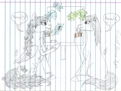 Size: 1522x1144 | Tagged: safe, artist:twin-fan, oc, oc only, alicorn, pony, unicorn, alicorn oc, dialogue, duo, female, glowing horn, horn, lineart, lined paper, magic, mare, siblings, signature, sisters, telekinesis, traditional art, unicorn oc, wings