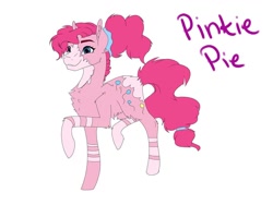 Size: 1080x810 | Tagged: safe, artist:moona_lou, pinkie pie, earth pony, pony, g4, chest fluff, coat markings, female, mare, raised hoof, redesign, simple background, socks (coat markings), solo, white background