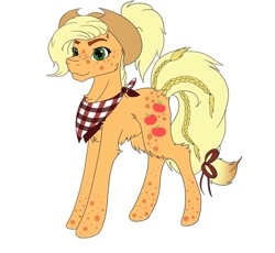 Size: 1080x993 | Tagged: safe, artist:moona_lou, applejack, earth pony, pony, g4, bow, braided tail, female, hat, mare, neckerchief, redesign, simple background, solo, tail bow, trypophobia, white background