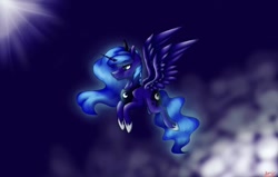 Size: 1080x689 | Tagged: safe, artist:moona_lou, princess luna, alicorn, pony, g4, ethereal mane, female, flying, hoof shoes, jewelry, mare, night, peytral, solo, tiara