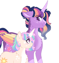Size: 2000x2131 | Tagged: safe, artist:scarletskitty12, princess celestia, twilight sparkle, alicorn, pony, unicorn, g4, alternate universe, chest fluff, colored wings, duo, freckles, hair bun, high res, older, older twilight, race swap, role reversal, short mane, simple background, teacher and student, transparent background, twilight sparkle (alicorn), unicorn celestia, wings, young celestia
