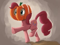 Size: 1280x960 | Tagged: safe, artist:gourdanimations, pinkie pie, earth pony, pony, g4, female, mare, pumpkin, pumpkin head, raised hoof, raised leg, solo, three quarter view, walking