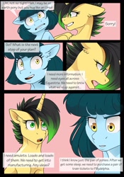 Size: 1600x2291 | Tagged: safe, artist:tillie-tmb, oc, oc only, oc:meadow lark, oc:tempest, earth pony, pony, unicorn, comic:the amulet of shades, comic, dialogue, simple background, speech bubble