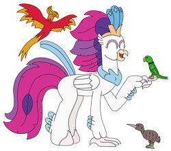 Size: 2786x2448 | Tagged: safe, artist:supahdonarudo, queen novo, bird, classical hippogriff, hippogriff, kiwi, parakeet, phoenix, series:novoember, g4, my little pony: the movie, birb, birds doing bird things, cute, happy, high res, holding, novobetes, simple background, transparent background