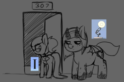 Size: 1038x685 | Tagged: safe, artist:lockheart, oc, oc only, oc:rainier, oc:snusnu, pegasus, pony, succubus, succubus pony, black sclera, door, doorway, duo, female, horns, i, innuendo, lamp, lidded eyes, looking at you, luxo jr., male, mare, pixar, smiling, stallion, succubus oc, wings